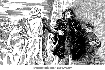 Un hombre con sombrero en la cabeza hablando con otro hombre en la capucha, grupo de personas en el fondo, dibujo vintage de líneas o ilustración grabadora