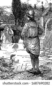 A man with hat on head speaking to female in the water, house and trees in the background, vintage line drawing or engraving illustration