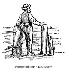 A man with hat on head standing and facing ocean, vintage line drawing or engraving illustration