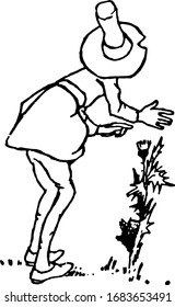 A man with hat on head touching flower, vintage line drawing or engraving illustration