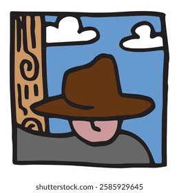 
Man with hat open the door. Hand drawn. Simple illustration. Hand drawn doodle for sticker, postcard, wallpaper, mural, fabric, prints, wall decor, clothing, etc