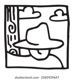 
Man with hat open the door. Hand drawn. Simple illustration. Hand drawn doodle for sticker, postcard, wallpaper, mural, fabric, prints, wall decor, clothing, etc