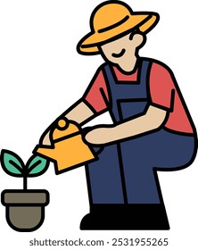 Um homem de chapéu e macacão está regando uma planta. O homem está sorrindo, e a planta está saudável. Conceito de felicidade e cuidado com a natureza