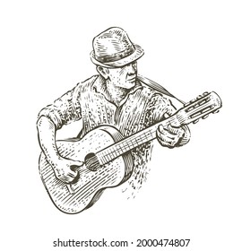 Man in hat playing guitar. Country music sketch in vintage style