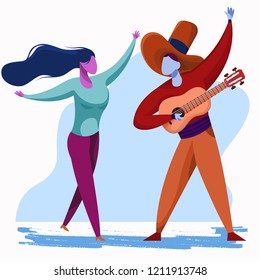 Man with hat playing guitar and a girl with long hair dancing isolated vector illustration.