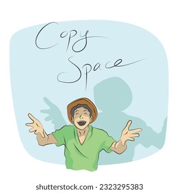 man with hat presenting on blue blank space illustration vector hand drawn isolated on white background line art.