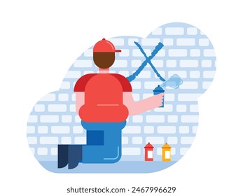 Man in hat is in the process of drawing on the wall, mural art. Character design. Vector flat illustration