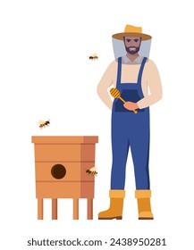 Man in hat with protective fine mesh holds a wooden deeper. Honey bee. Beekeeping. Houses for bees, beehives. Get honey. Vector illustration
