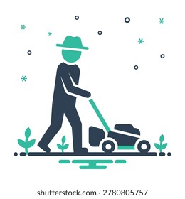 Man in hat pushing lawn mower through garden on sunny day with plants around