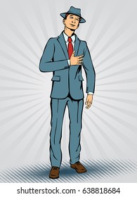 Man in the hat put his hand to his heart. Retro style pop art