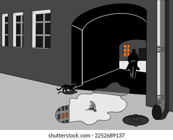 A man in a hat and a raincoat is walking in a doorway. Drawing on a black background.