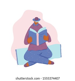 Man in the hat reading a book isolated on white background. Male character sitting with crossed legs on a blanket and opening a big book. Vector color flat illustration.