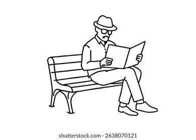 Man in hat reading a book on a park bench line drawing