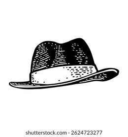 Man hat with ribbon. Vector black vintage engraving illustration. Isolated on a white background. Hand drawn design element for poster
