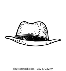 Man hat with ribbon. Vector black vintage engraving illustration. Isolated on a white background. Hand drawn design element for poster