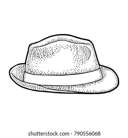 Man hat with ribbon. Vector black vintage engraving illustration. Isolated on a white background. Hand drawn design element for poster
