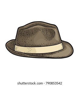 Man hat with ribbon. Vector color vintage engraving illustration. Isolated on a white background. Hand drawn design element for poster