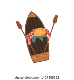 Man in Hat Rowing Wooden Boat, Top View Vector Illustration
