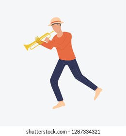 Man in hat with saxophone. Young fellow, romantic, music. Can be used for topics like celebration, greeting, seasonal