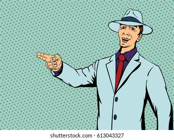 Man in a hat says welcome speech. Retro style pop art. Vector illustration