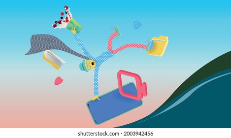 A man with a hat and a scarf falls in space with a mobile phone. Vector banner