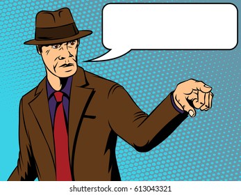 Man in a hat shows aggression. Retro comics. Vector illustration