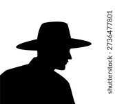 Man in hat silhouette profile vector illustration, minimalist flat design, mysterious cowboy detective or farmer icon, isolated on white background for western theme, film noir concept, or mystery art