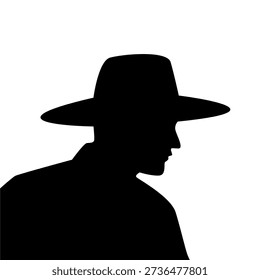 Man in hat silhouette profile vector illustration, minimalist flat design, mysterious cowboy detective or farmer icon, isolated on white background for western theme, film noir concept, or mystery art