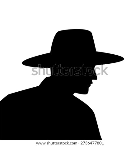Man in hat silhouette profile vector illustration, minimalist flat design, mysterious cowboy detective or farmer icon, isolated on white background for western theme, film noir concept, or mystery art