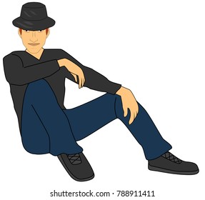 the man in the hat sits
