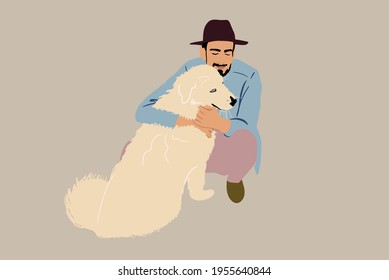 Man in hat sitting and playing with a big white dog. Pet lover and owner. Activity with animal friend. Vector illustration