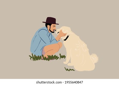 Man in hat sitting and playing with a big white dog. Pet lover and owner. Activity with animal friend. Vector illustration