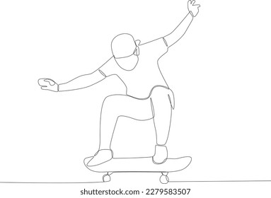 A man a in hat skateboarding. Skateboarding one-line drawing