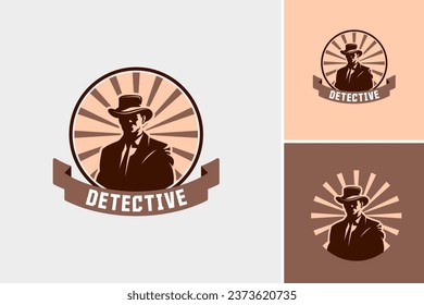 a man in a hat and suit, mysterious detective agent logo design template