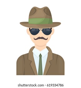 Man in hat suit raincoat and glasses. The detective undercover.Detective single icon in cartoon style vector symbol stock illustration.