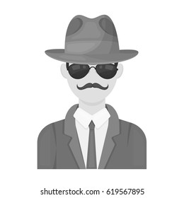 Man in hat suit raincoat and glasses. The detective undercover. Detective single icon in monochrome style vector symbol stock illustration.