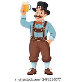 A man in a hat and suspenders holding a beer mug. The man is smiling and he is enjoying his drink