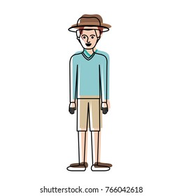 man with hat and sweater and short pants and shoes with short hair in watercolor silhouette
