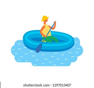 Man in hat swimming on inflatable rubber boat in sea or river isolated vector. Cartoon style person in flat design on craft with oar, male resting on water