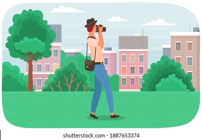 A man in hat taking a photo of landscape. Photographer taking a picture in the city park. Nature photographer with digital camera. Vector traveler enjoy outdoors cityscape with trees and buildings