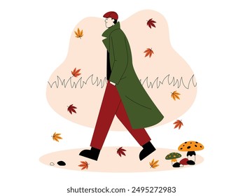 Man in hat with thick clothes walking through fallen leaves in fall season, vector illustration.