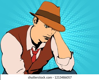 Man in the hat thinks. Retro comics. Vector illustration