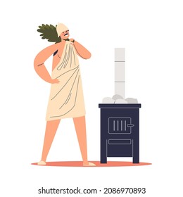 Man in hat and towel hold birch broom preparing for recreation in sauna or banya. Spa procedure and recreation concept. Cartoon flat vector illustration