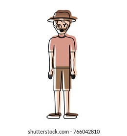 man with hat and t-shirt and short pants and shoes with short hair and beard in watercolor silhouette