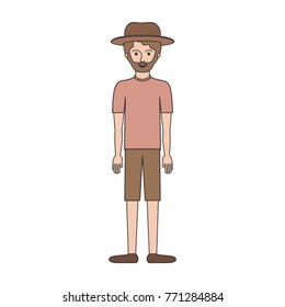man with hat and t-shirt and short pants and shoes with short hair and beard in colorful silhouette