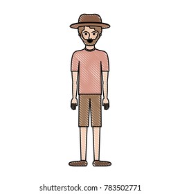 man with hat and t-shirt and short pants and shoes with short hair and beard in colored crayon silhouette