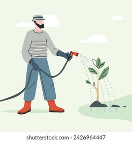 Hombre en esa planta de árbol de riego con manguera de jardín. Ilustraciones planas modernas aisladas sobre fondo verde claro. Trazo editable. Vector.