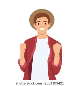 Man with hat wearing Summer vibes Vacation. Flat vector illustration isolated on white background