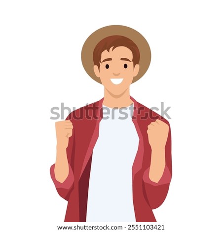 Man with hat wearing Summer vibes Vacation. Flat vector illustration isolated on white background