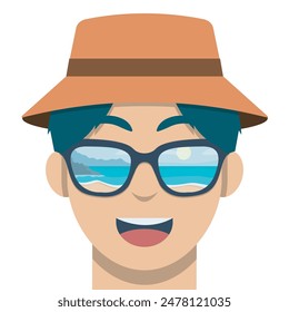 Man with hat wearing sunglasses with beach view. Summer vibes illustration.